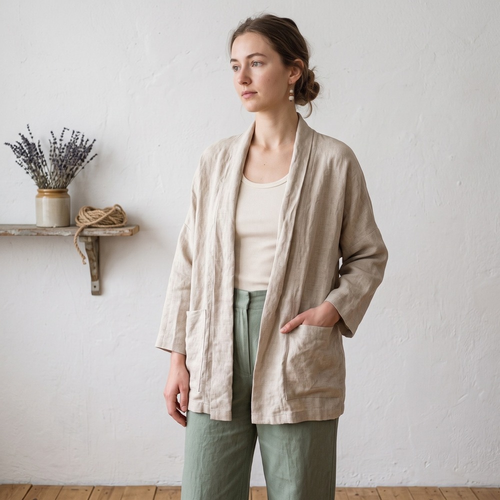 Old Linen Mill Women Cardigan M/L Beige‎ Open Front Lagenlook Oversized Coastal